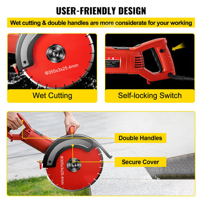 Electric Concrete Saw, 14" Concrete Cutter, 1800W Concrete Saw, Electric Circular Saw with 14" Blade and V952-QZJDD14SGJAC00001V3