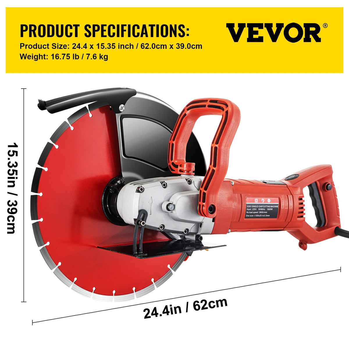 Electric Concrete Saw, 14" Concrete Cutter, 1800W Concrete Saw, Electric Circular Saw with 14" Blade and V952-QZJDD14SGJAC00001V3