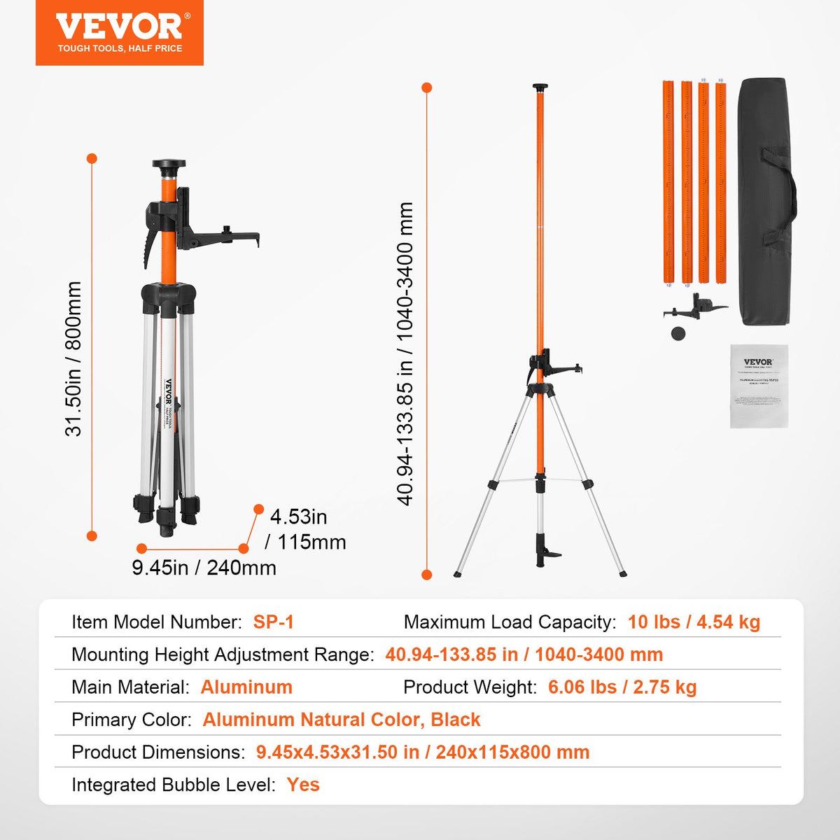 Laser Level Tripod, 1/4"-20 & 5/8"-11 Thread Mount, 40.94-133.85 inch Height Adjustment with Level Bubble & V952-QZSJJTJYZGS0NVYUIV0