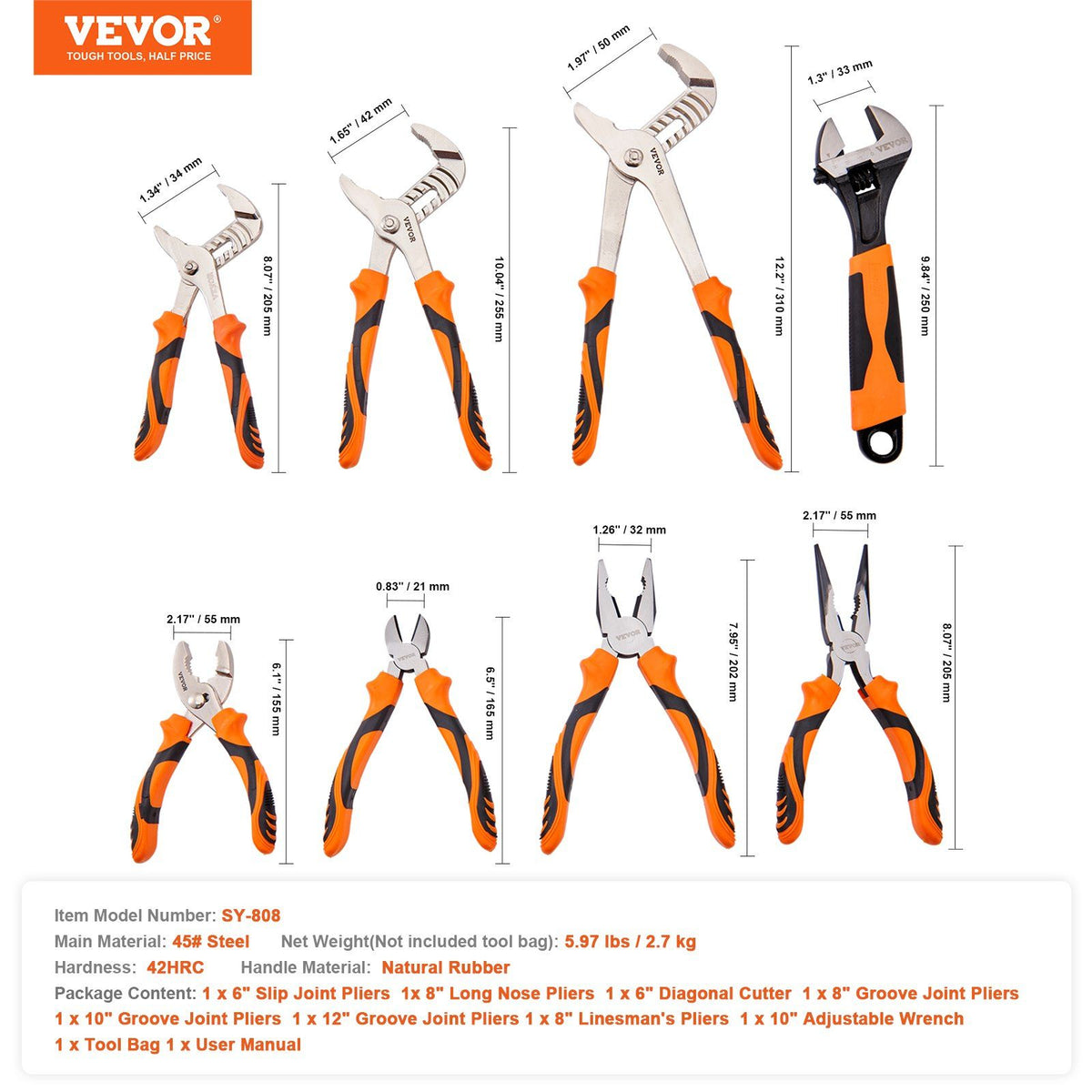 Pliers Set, 8-Piece, High Carbon Steel, 30.5cm/25.4cm/20.3cm Groove Joint Pliers, 20.3cm Linesman's Pliers, V952-QZZT612INCH86GK4UV0