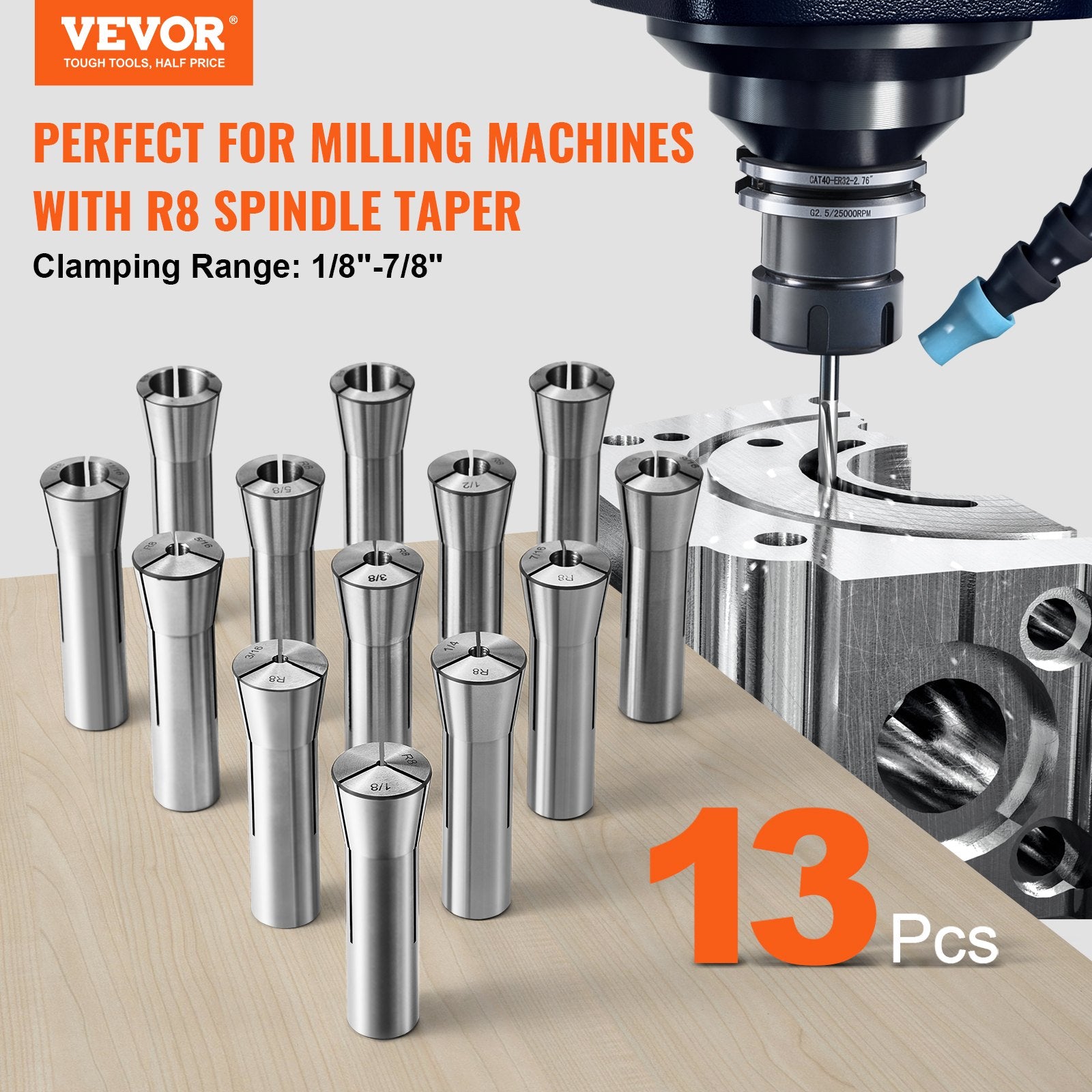 13 pcs Precision R8 Collet Set, 1/8'' - 7/8'', 45# Mill Collet Chuck 0.0012"/30um TIR with 13 Labeled Storage V952-R8JT13PCSW00O2D91V0