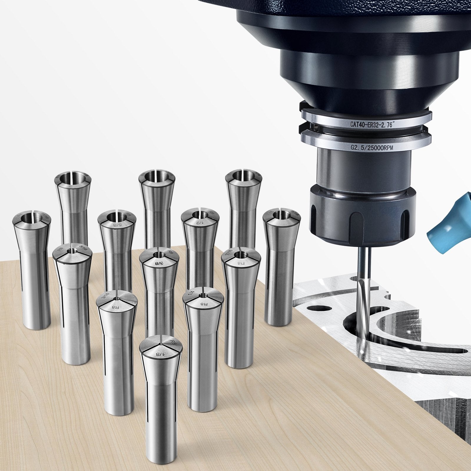 13 pcs Precision R8 Collet Set, 1/8'' - 7/8'', 45# Mill Collet Chuck 0.0012"/30um TIR with 13 Labeled Storage V952-R8JT13PCSW00O2D91V0