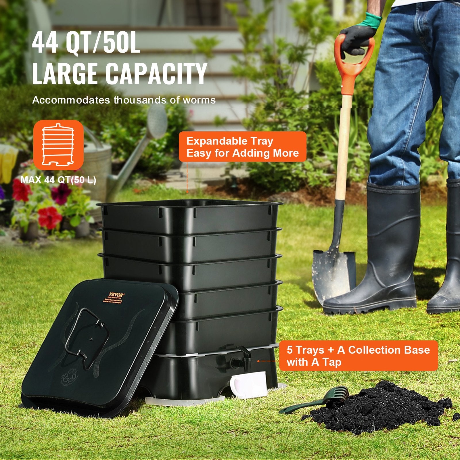 5-Tray Worm Composter, 50 L Worm Compost Bin Outdoor and Indoor, Sustainable Design Worm Farm Kit, for V952-RCSDFX540SPPP2DPAV0