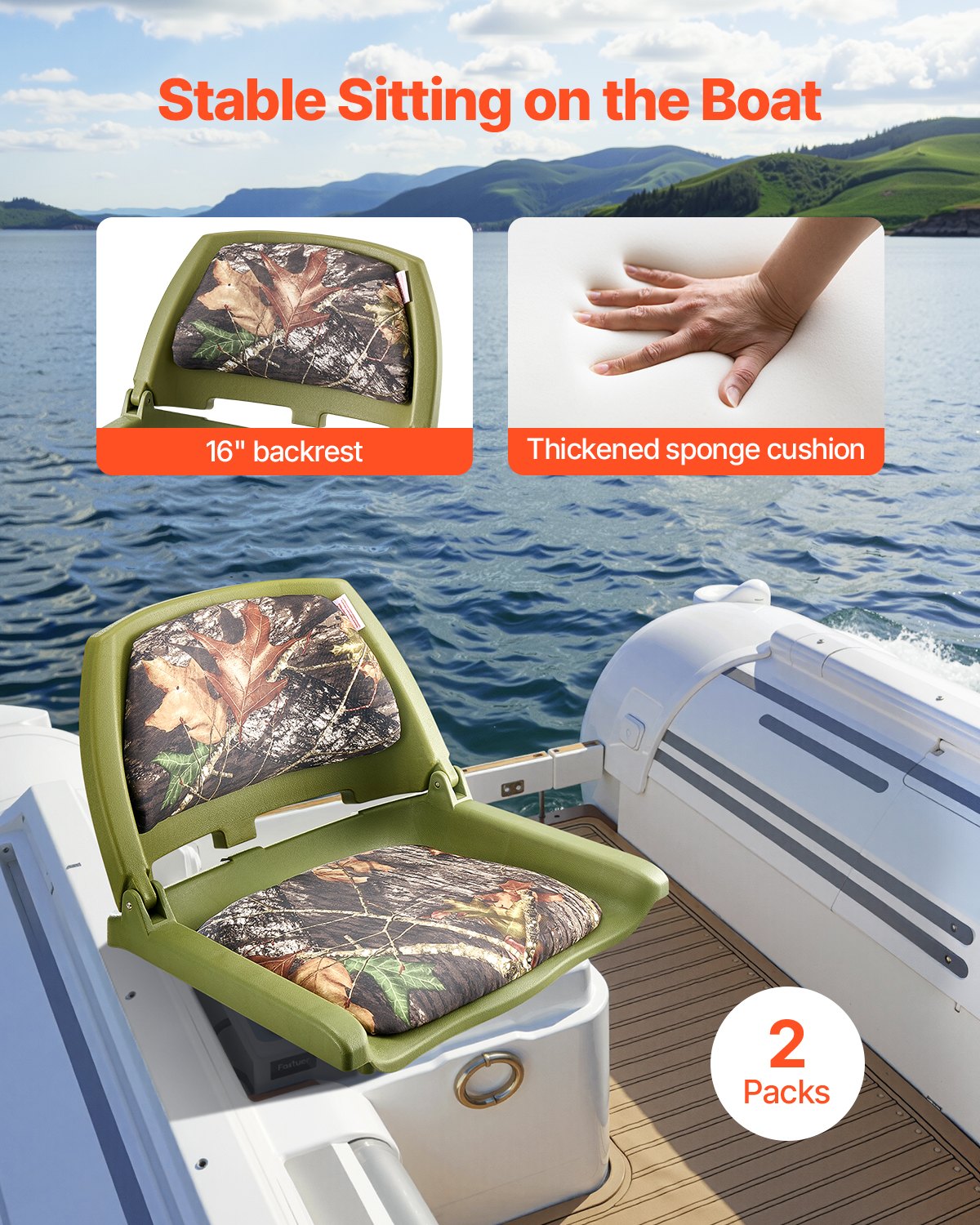 Boat Seat, Low Backrest, Folding Fishing Boat Seat with Thickened Sponge Cushion & PU Polyester Fabric, V952-RDFZCZYMCSKF83ET4001V0