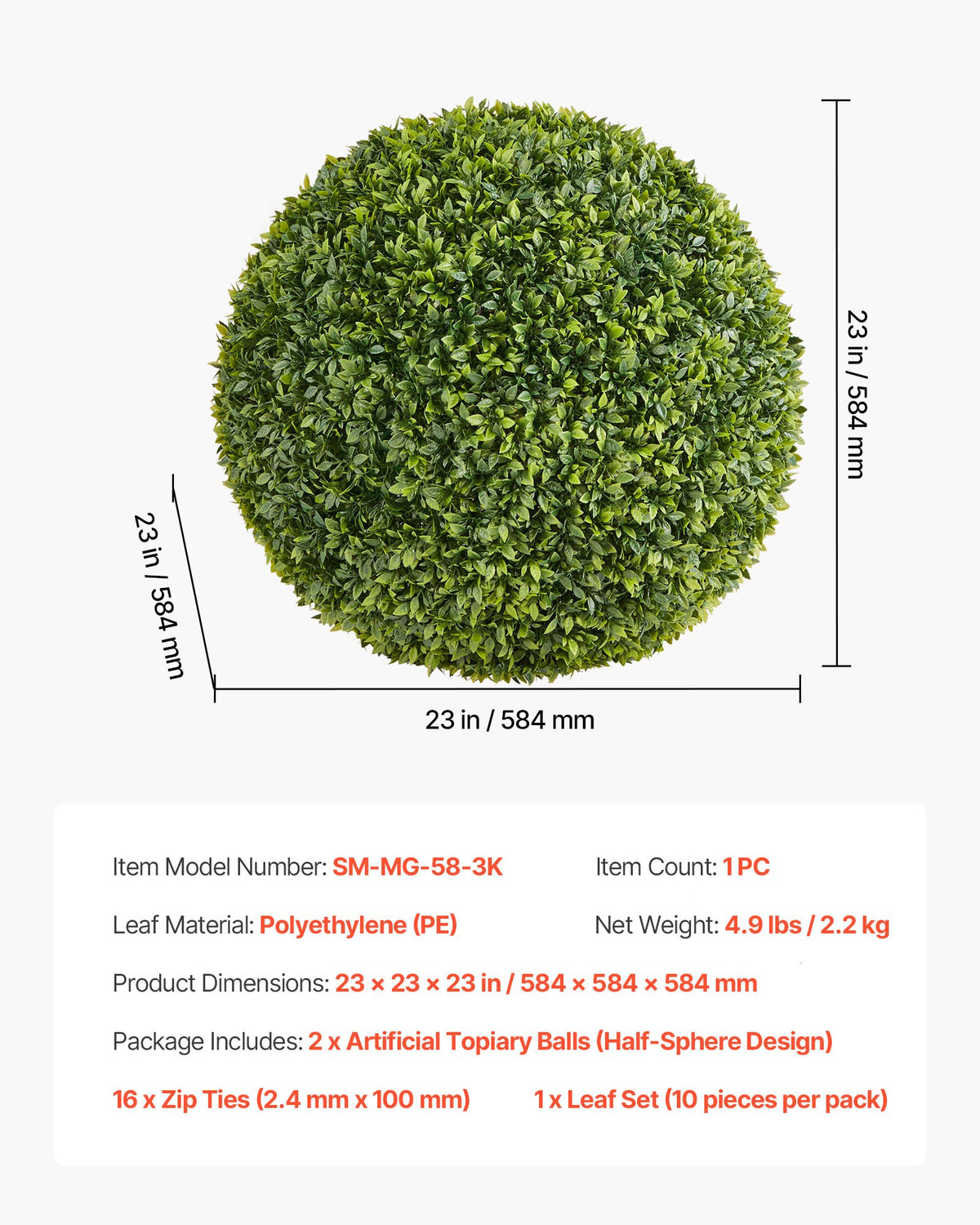 Artificial Topiary Ball, 584mm Faux Boxwood Plant Balls, Fake Silk Tree Look Real, Easy Assembly for Decor V952-RGZWXJQ23YC09HHQK001V0
