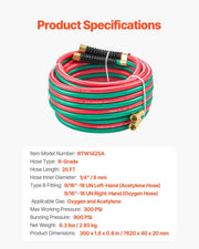 Oxygen Acetylene Hose, 1/4-Inch x 25FT Oxy Acetylene Hose with 9/16"-18 LH/RH B Fittings, R Grade Welding V952-RJYYGHJRGMG2K2D7DV0