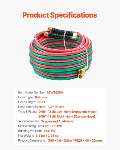 Oxygen Acetylene Hose, 1/4-Inch x 25FT Oxy Acetylene Hose with 9/16"-18 LH/RH B Fittings, R Grade Welding V952-RJYYGHJRGMG2K2D7DV0