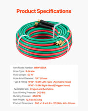 Oxygen Acetylene Hose, 1/4-Inch x 50FT Oxy Acetylene Hose with 9/16"-18 LH/RH B Fittings, R Grade Welding V952-RJYYGHJRGMG5FNC9OV0