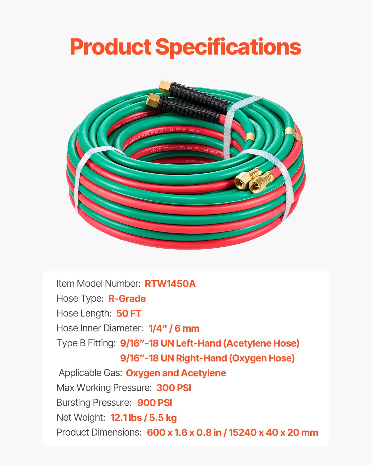 Oxygen Acetylene Hose, 1/4-Inch x 50FT Oxy Acetylene Hose with 9/16"-18 LH/RH B Fittings, R Grade Welding V952-RJYYGHJRGMG5FNC9OV0