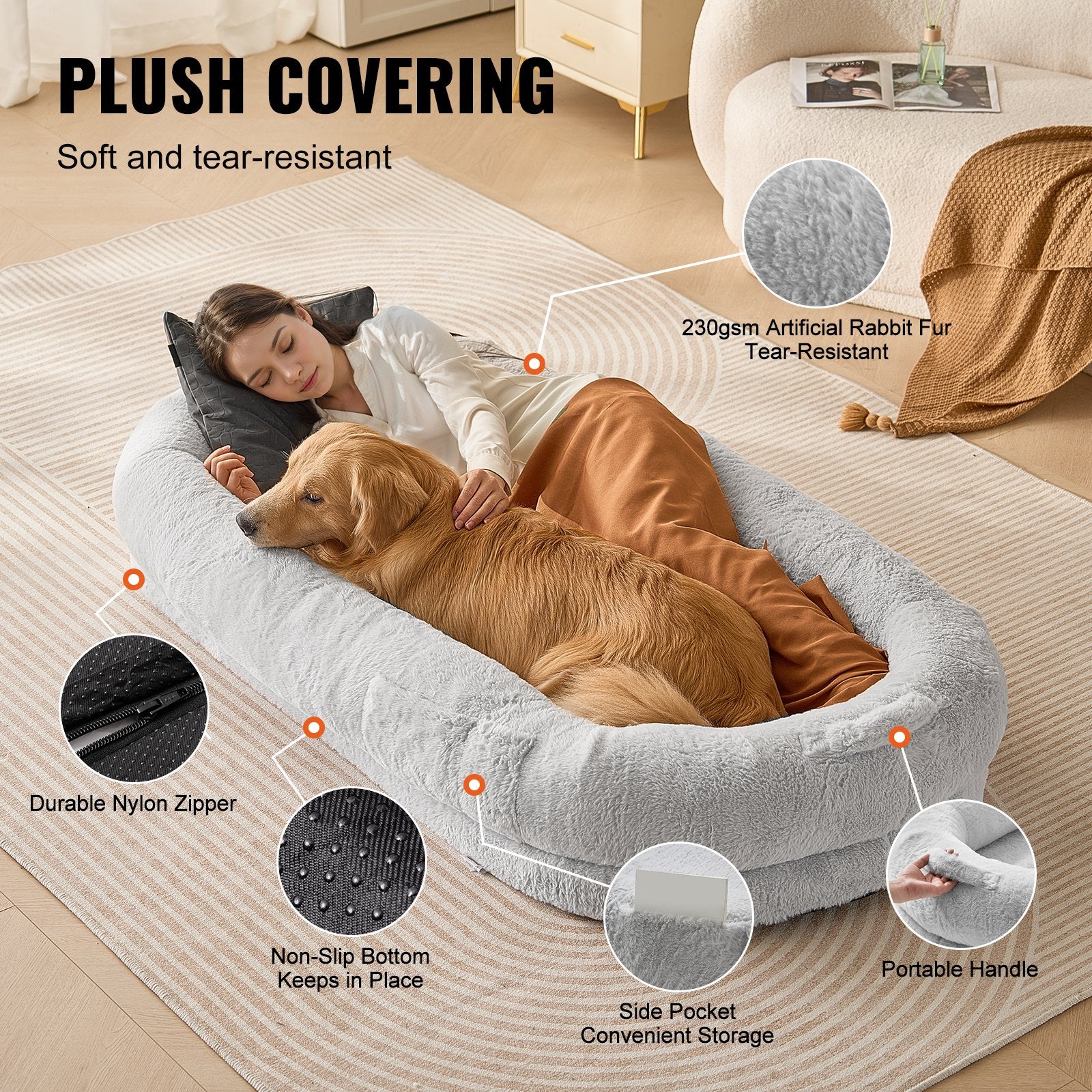 Human Dog Bed 1720x890x250 mm Human Size Dog Bed Washable Faux Rabbit Fur V952-RLGCQBWTYXDMHL7V8V0