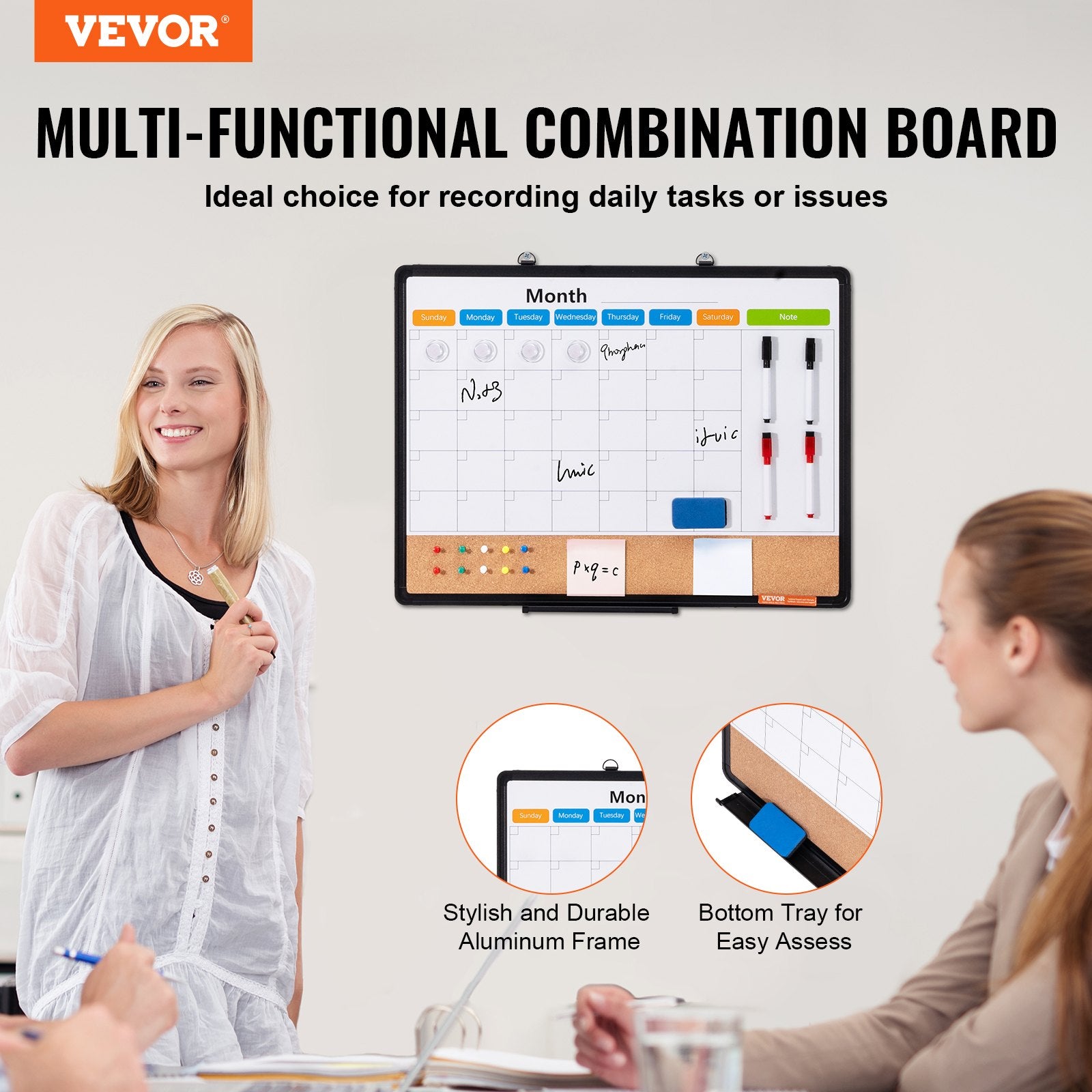 24"x 18" Monthly Calendar Whiteboard & Cork Board Combo with Aluminum Frame - 2-in-1 Magnetic Dry Erase V952-RMB24X18RLBB31L3TV0