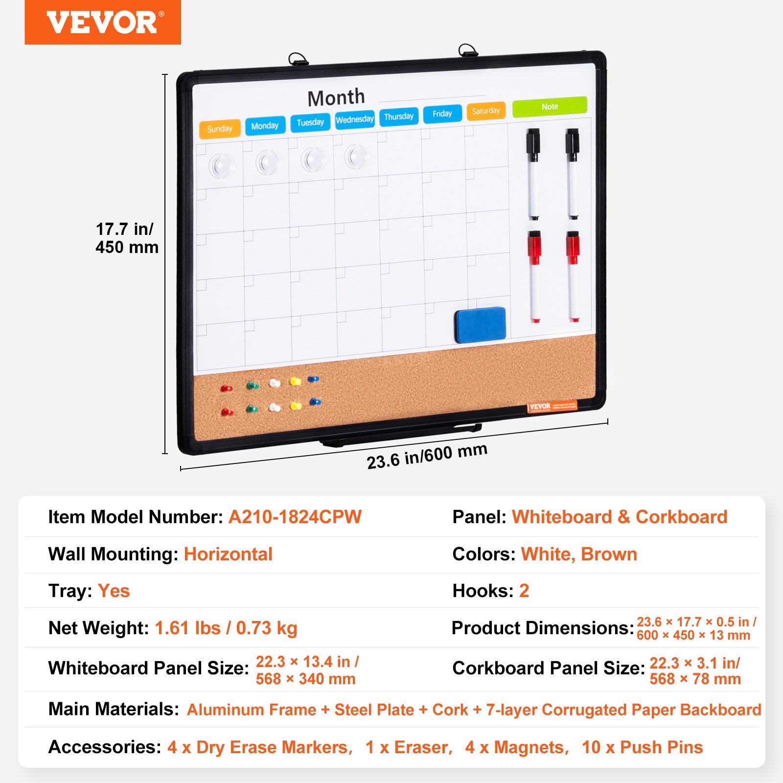 24"x 18" Monthly Calendar Whiteboard & Cork Board Combo with Aluminum Frame - 2-in-1 Magnetic Dry Erase V952-RMB24X18RLBB31L3TV0
