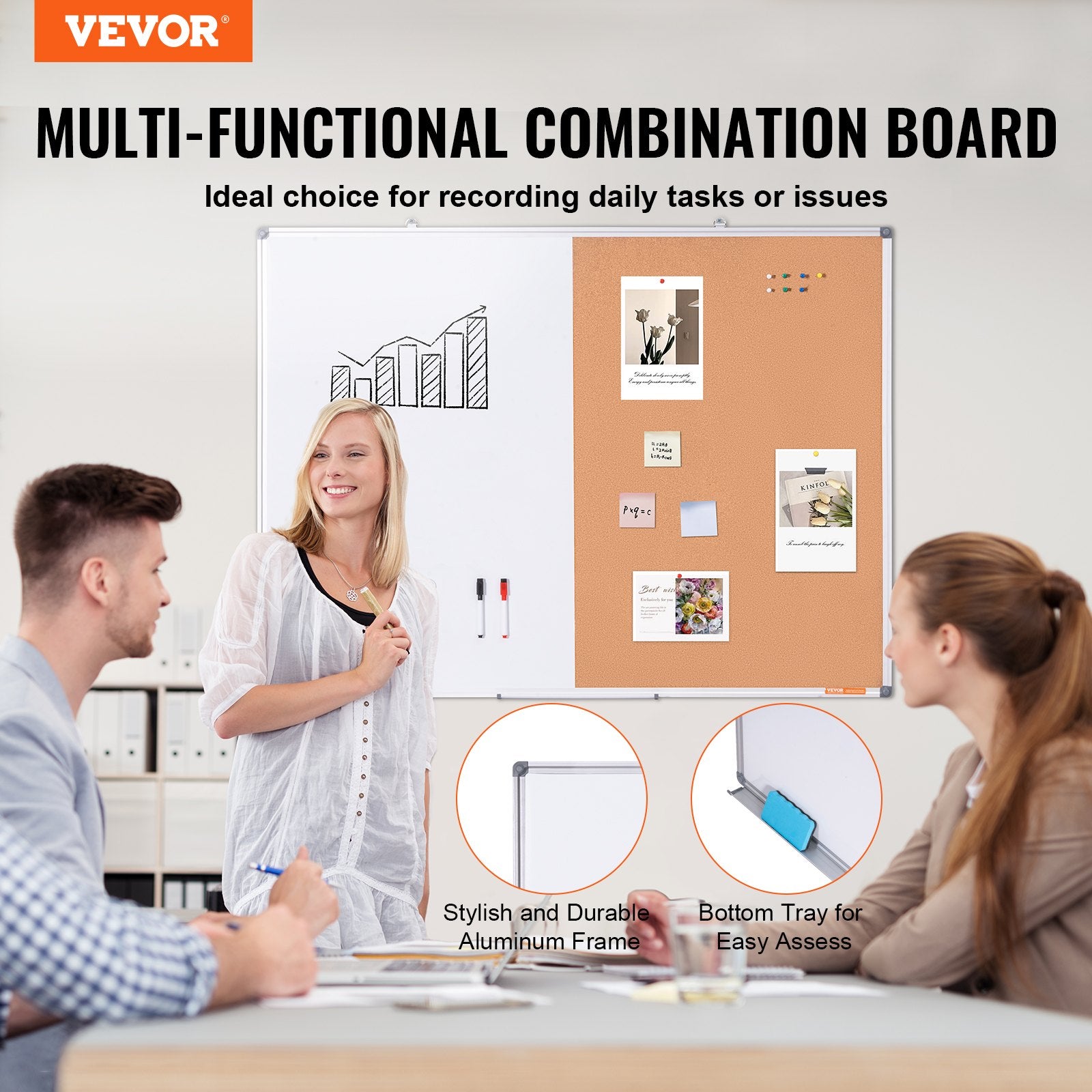 48"x 36" Whiteboard & Cork Board Combo with Aluminum Frame - 2-in-1 Magnetic Dry Erase Bulletin Board for V952-RMB48X36BBRMT05ZSV0