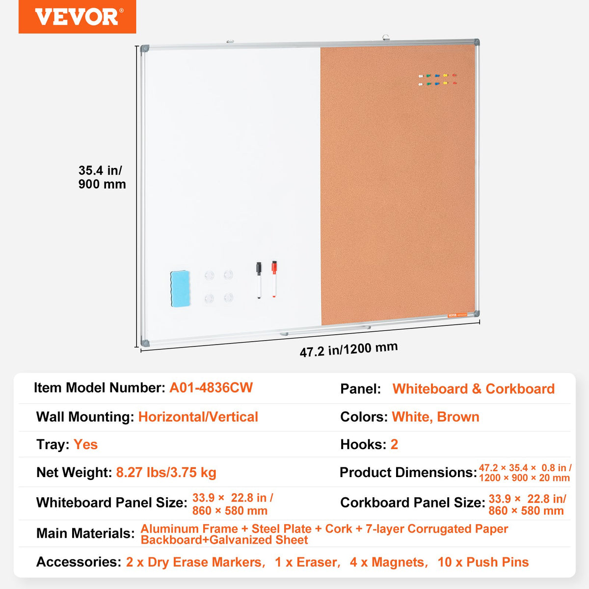 48"x 36" Whiteboard & Cork Board Combo with Aluminum Frame - 2-in-1 Magnetic Dry Erase Bulletin Board for V952-RMB48X36BBRMT05ZSV0