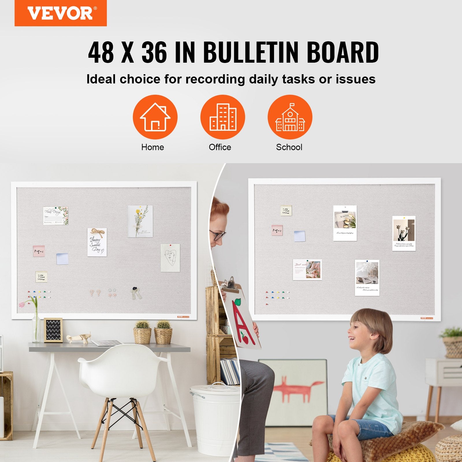 48"x36" White Cork Board with Linen Surface - Stylish Wall-Mounted Bulletin Board for Home, School, Office - V952-RMB48X36WBSMBDAIDV0