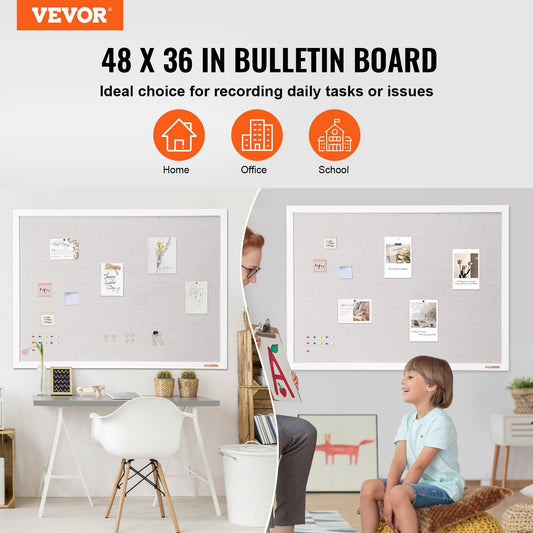 48"x36" White Cork Board with Linen Surface - Stylish Wall-Mounted Bulletin Board for Home, School, Office - V952-RMB48X36WBSMBDAIDV0
