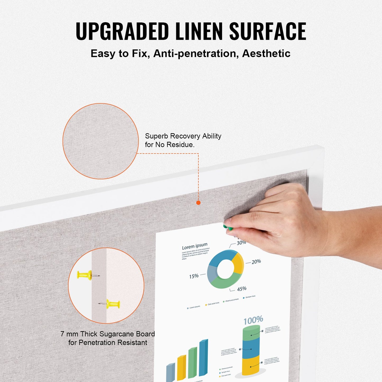 48"x36" White Cork Board with Linen Surface - Stylish Wall-Mounted Bulletin Board for Home, School, Office - V952-RMB48X36WBSMBDAIDV0