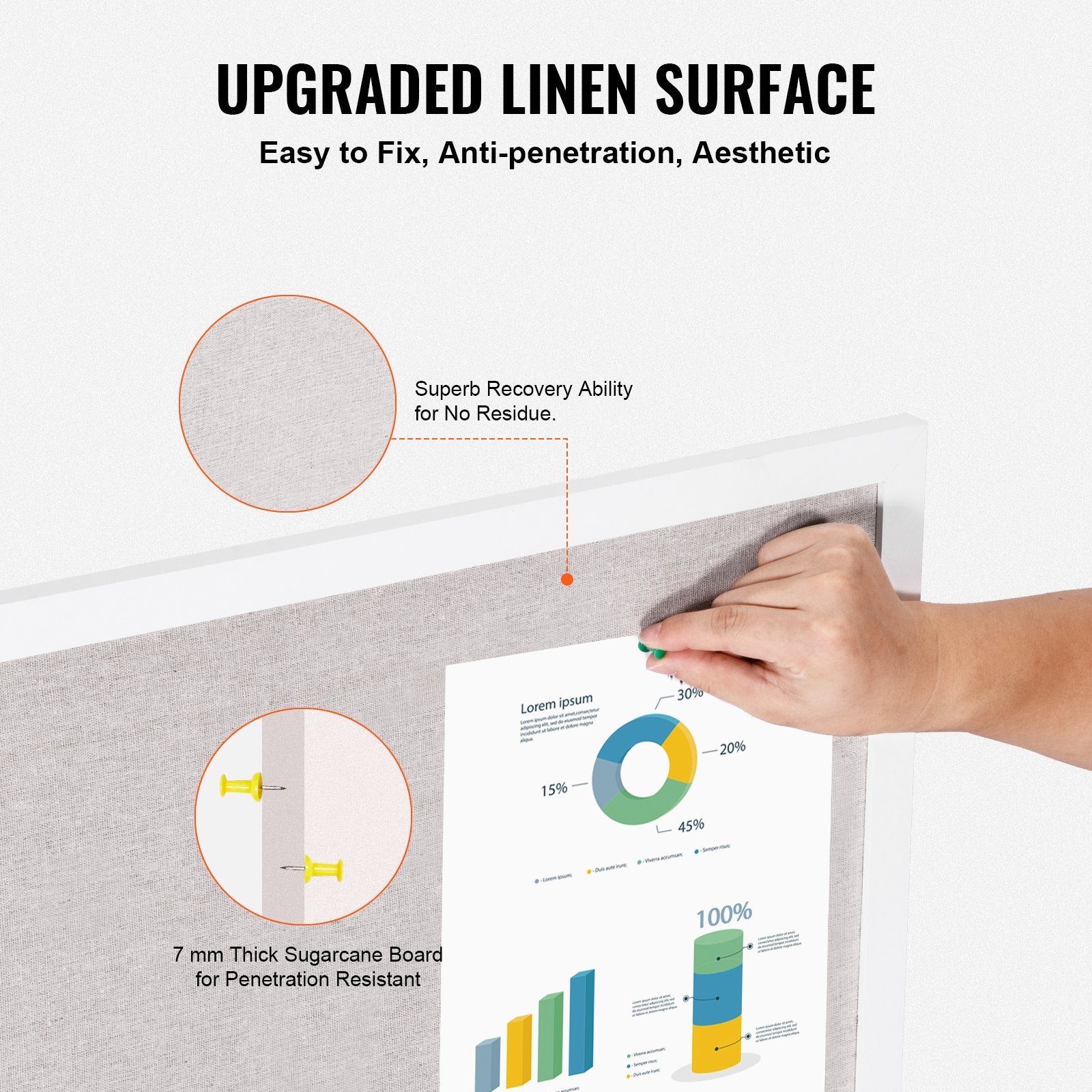 48"x36" White Cork Board with Linen Surface - Stylish Wall-Mounted Bulletin Board for Home, School, Office - V952-RMB48X36WBSMBDAIDV0