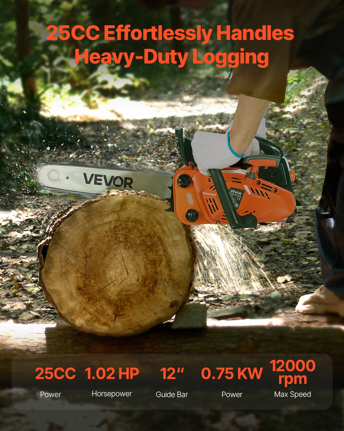 25 cc Gas Chainsaw, 305 mm Gas Powered Chainsaw, 0.75 kW Power Chain Saw with Non-Slip Handle, Gas-Powered V952-RQLJ12INCHECGYJ4G001V0
