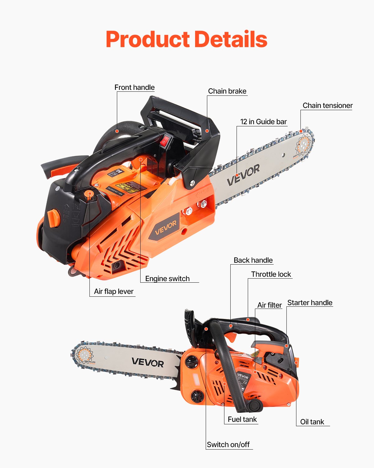 25 cc Gas Chainsaw, 305 mm Gas Powered Chainsaw, 0.75 kW Power Chain Saw with Non-Slip Handle, Gas-Powered V952-RQLJ12INCHECGYJ4G001V0