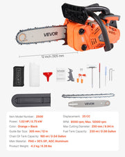 25 cc Gas Chainsaw, 305 mm Gas Powered Chainsaw, 0.75 kW Power Chain Saw with Non-Slip Handle, Gas-Powered V952-RQLJ12INCHECGYJ4G001V0