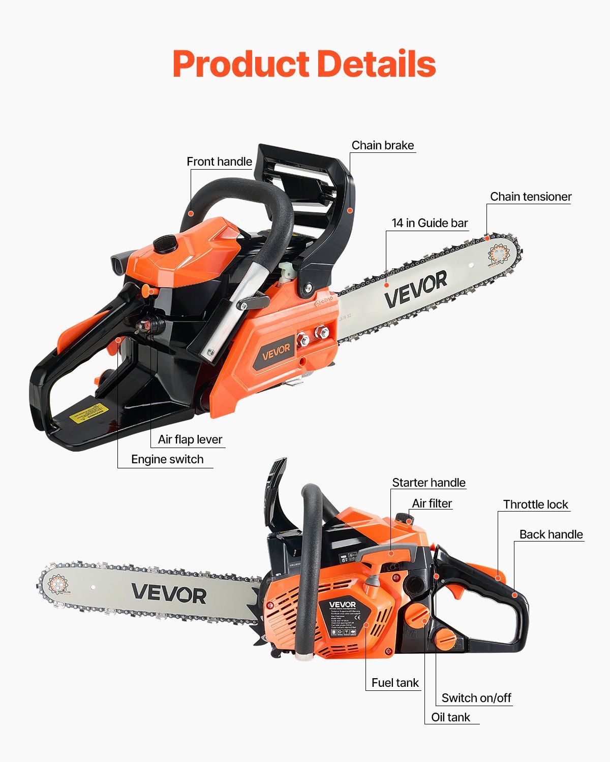 40 cc Gas Chainsaw, 355 mm Gas Powered Chainsaw, 1.3 kW Power Chain Saw with Non-Slip Handle, Gas-Powered V952-RQLJ14INCHEC4M9U6001V0