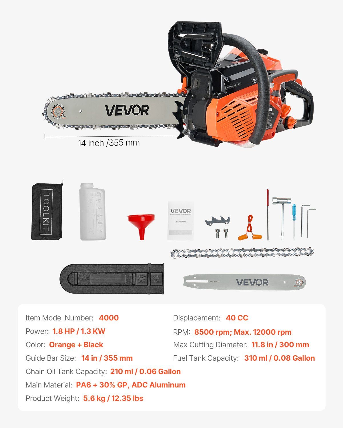 40 cc Gas Chainsaw, 355 mm Gas Powered Chainsaw, 1.3 kW Power Chain Saw with Non-Slip Handle, Gas-Powered V952-RQLJ14INCHEC4M9U6001V0