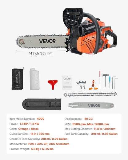 40 cc Gas Chainsaw, 355 mm Gas Powered Chainsaw, 1.3 kW Power Chain Saw with Non-Slip Handle, Gas-Powered V952-RQLJ14INCHEC4M9U6001V0
