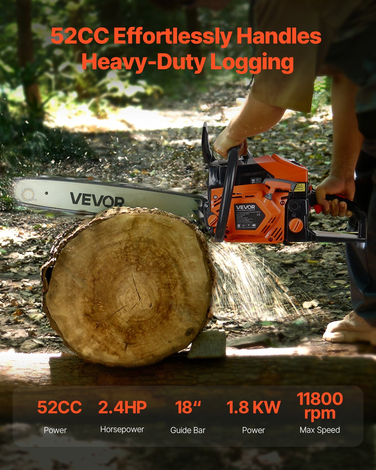 52cc Gas Chainsaw 1.8 kW Gas Powered 455 mm Chainsaw For Wood Cutting V952-RQLJ18INCHEC6XJG9001V0