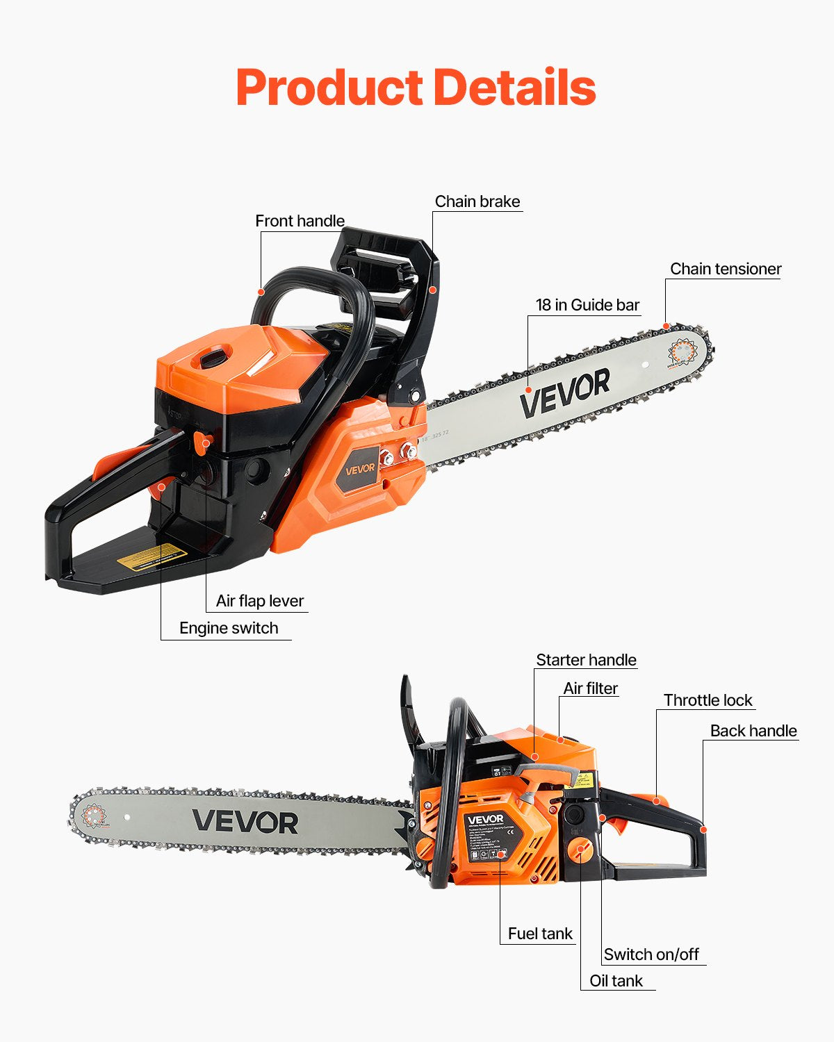 52cc Gas Chainsaw 1.8 kW Gas Powered 455 mm Chainsaw For Wood Cutting V952-RQLJ18INCHEC6XJG9001V0