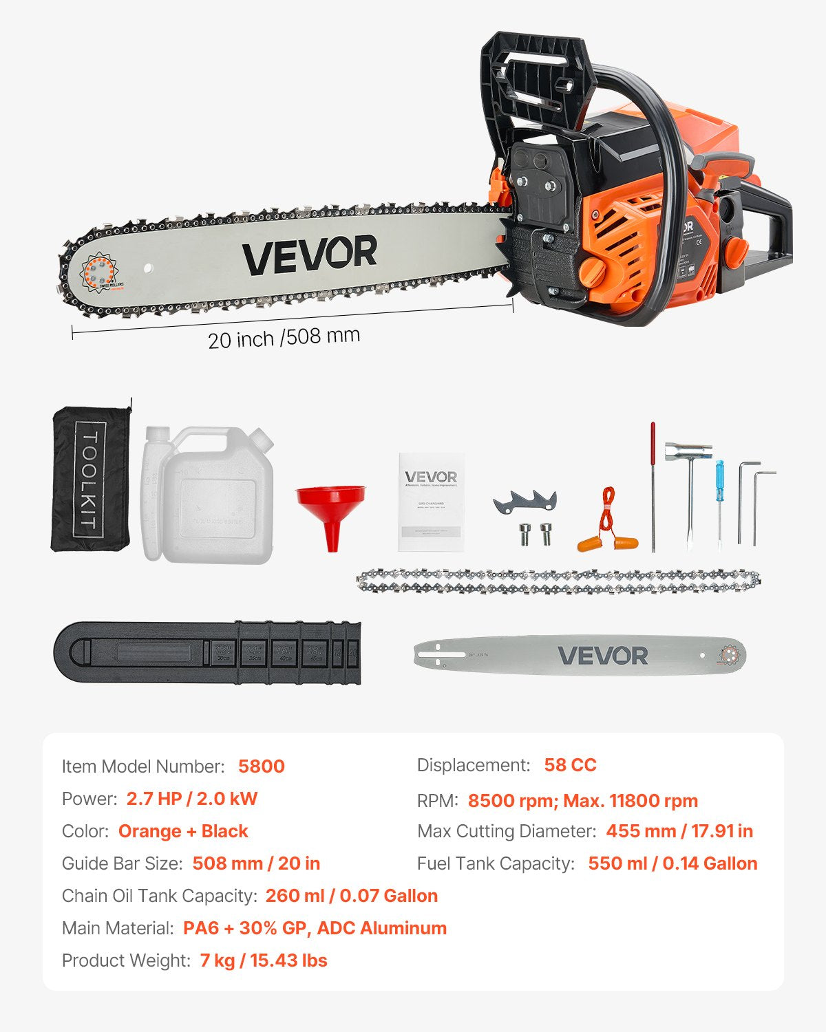 58 cc Gas Chainsaw, 508 mm Gas Powered Chainsaw, 2.0 kW Power Chain Saw with Non-Slip Handle, Gas-Powered V952-RQLJ20INCHECJ8F83001V0