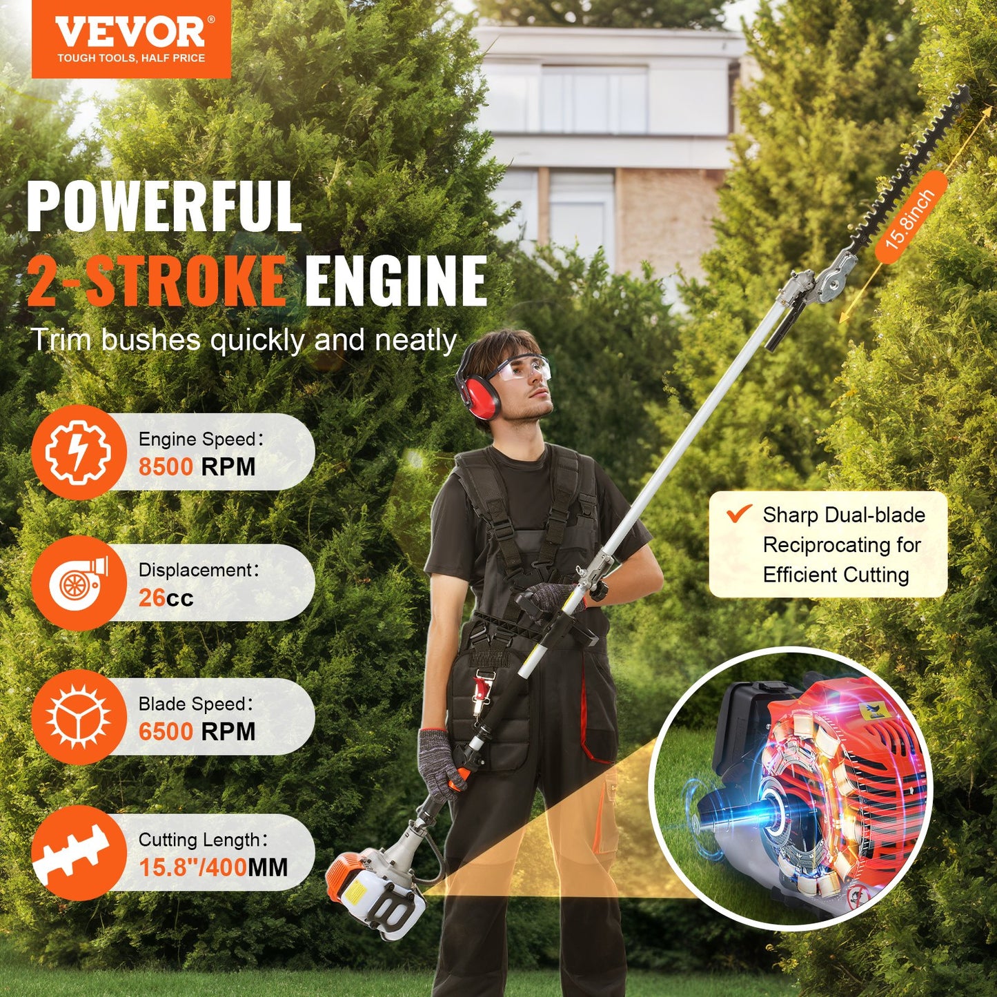 15.7-inch 26CC 2 Cycle Gas Hedge Trimmer, Gas Powered Pole Hedge Trimmer with Dual Sided Dual Action Blade, V952-RQLLJGZJDLLJRN337V0