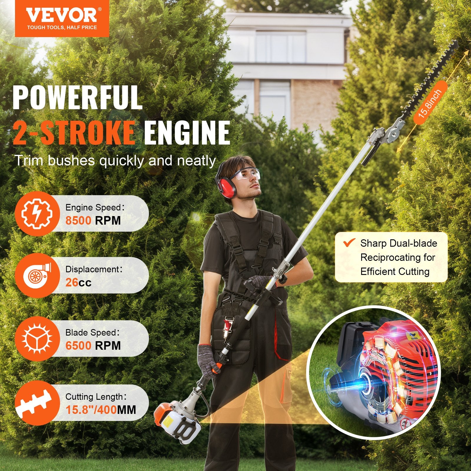 15.7-inch 26CC 2 Cycle Gas Hedge Trimmer, Gas Powered Pole Hedge Trimmer with Dual Sided Dual Action Blade, V952-RQLLJGZJDLLJRN337V0