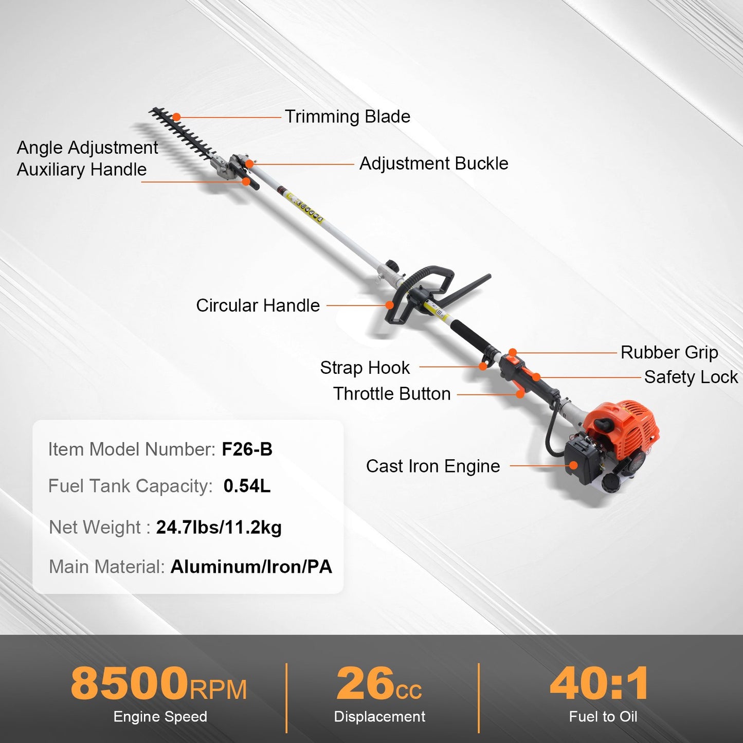 15.7-inch 26CC 2 Cycle Gas Hedge Trimmer, Gas Powered Pole Hedge Trimmer with Dual Sided Dual Action Blade, V952-RQLLJGZJDLLJRN337V0
