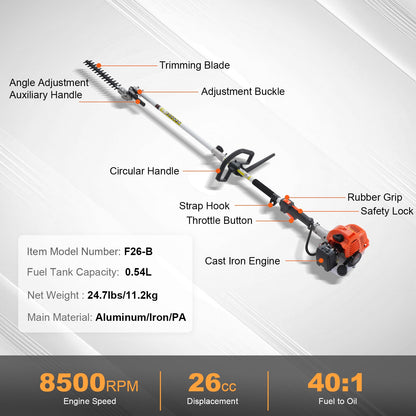 15.7-inch 26CC 2 Cycle Gas Hedge Trimmer, Gas Powered Pole Hedge Trimmer with Dual Sided Dual Action Blade, V952-RQLLJGZJDLLJRN337V0