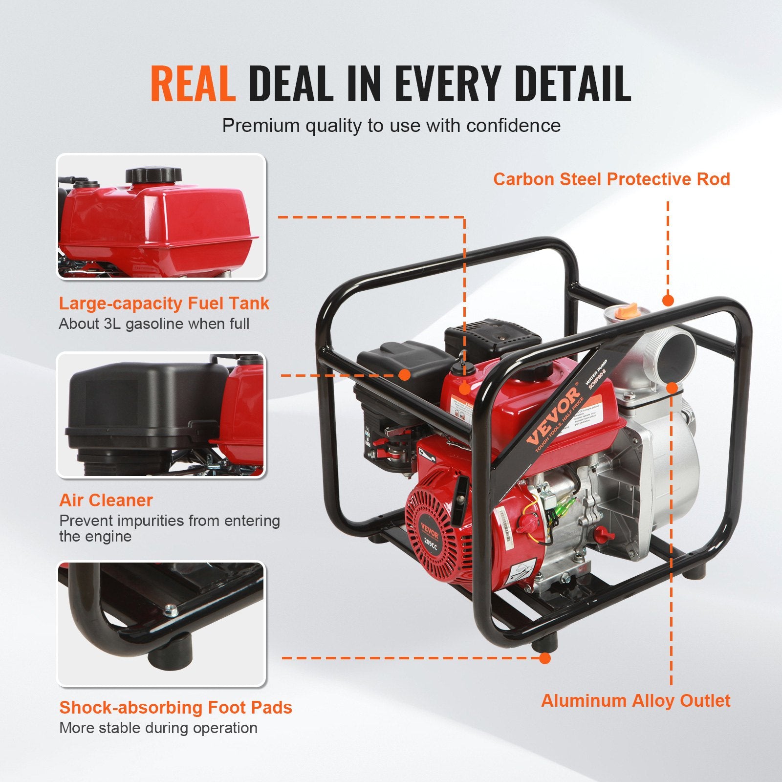 Gasoline Engine Water Pump, 80 mm, 7HP 265 GPM, 43 m Lift, 7 m Suction, 4-Stroke Gas Powered Trash Water V952-RYFDJSBYCYC377WQQV0