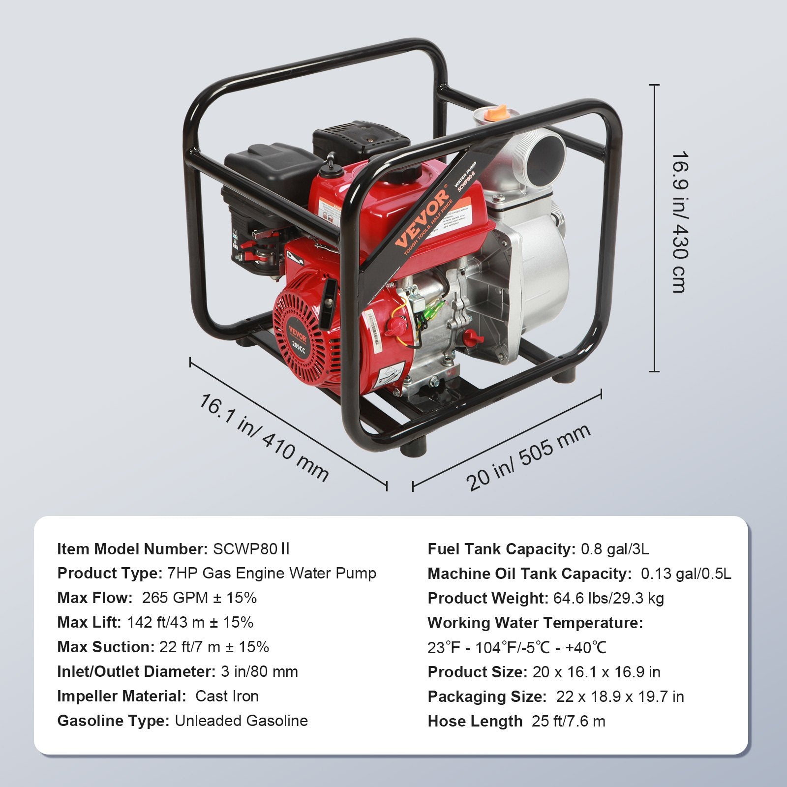 Gasoline Engine Water Pump, 80 mm, 7HP 265 GPM, 43 m Lift, 7 m Suction, 4-Stroke Gas Powered Trash Water V952-RYFDJSBYCYC377WQQV0