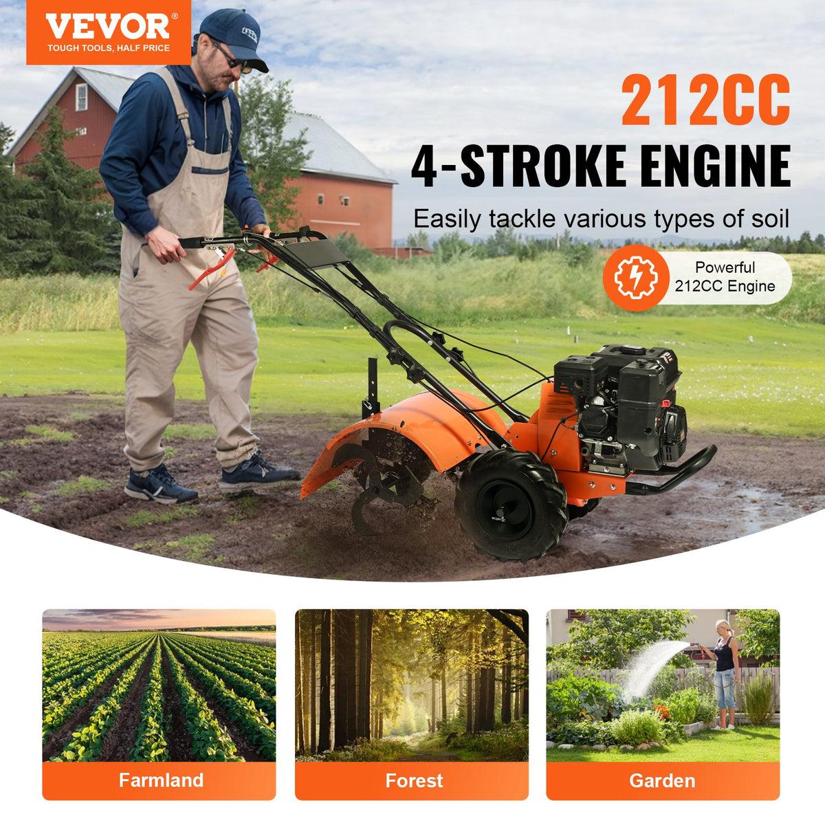 Tiller Cultivator Gas Powered, 212CC 4-Stroke Garden Cultivator, Tiller with 4 Steel Adjustable Rear Tines V952-RYGYJ212CCSCGHWDEV0