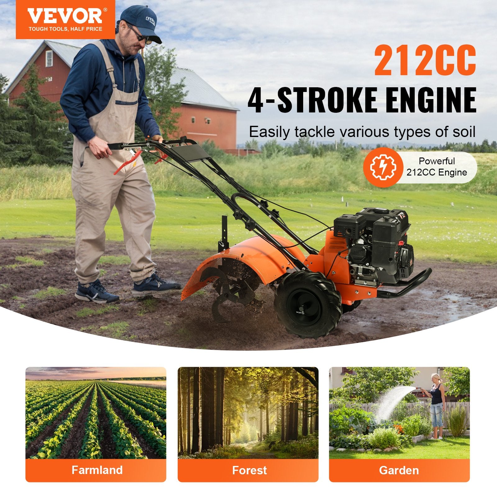 Tiller Cultivator Gas Powered, 212CC 4-Stroke Garden Cultivator, Tiller with 4 Steel Adjustable Rear Tines V952-RYGYJ212CCSCGHWDEV0