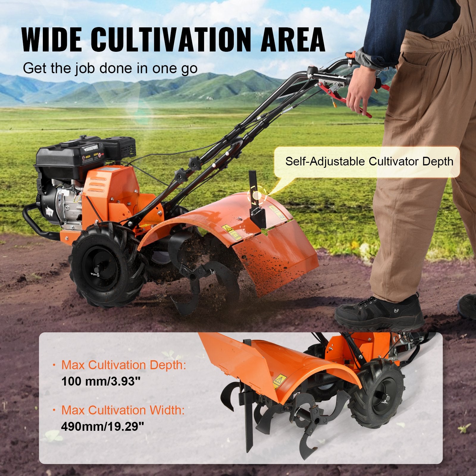 Tiller Cultivator Gas Powered, 212CC 4-Stroke Garden Cultivator, Tiller with 4 Steel Adjustable Rear Tines V952-RYGYJ212CCSCGHWDEV0