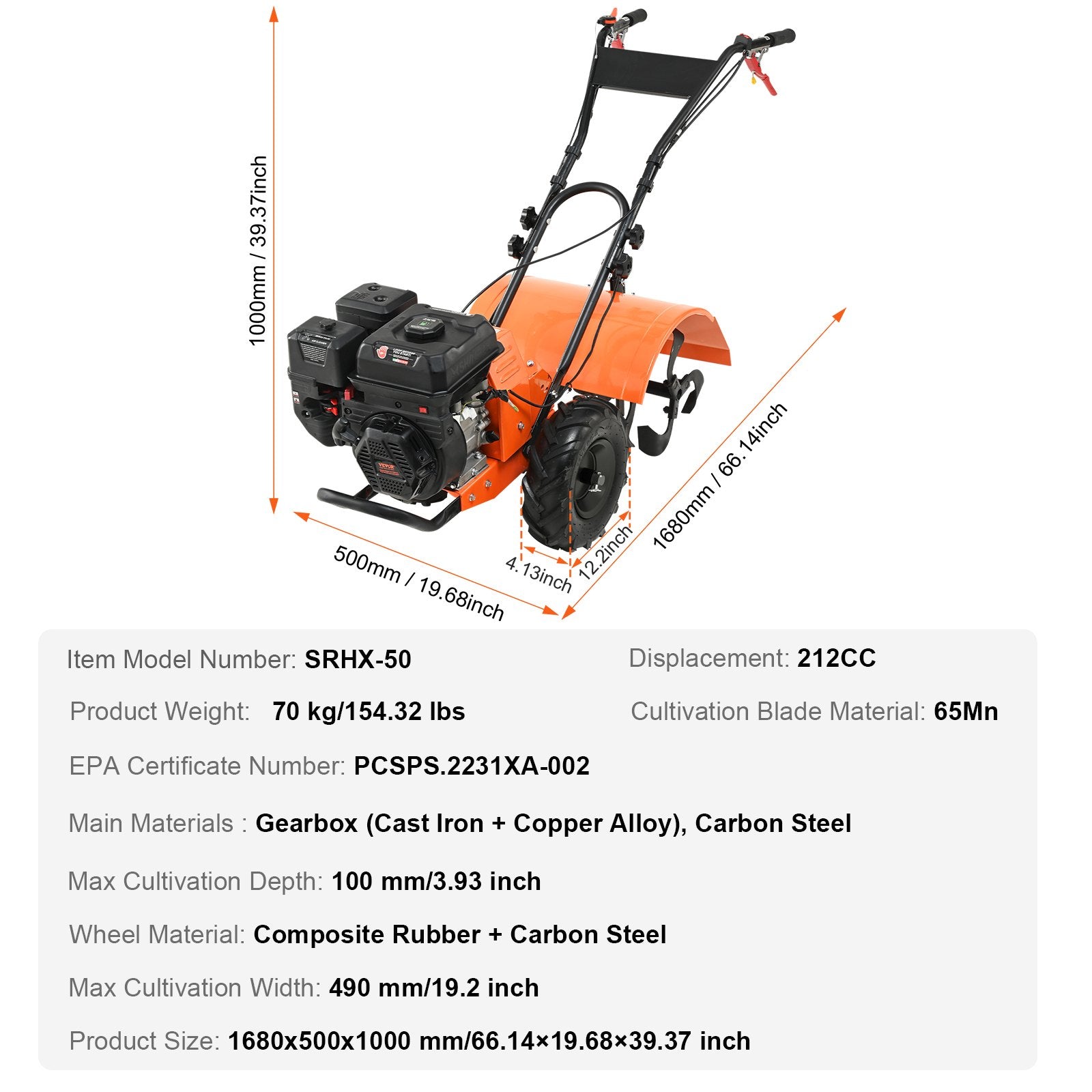 Tiller Cultivator Gas Powered, 212CC 4-Stroke Garden Cultivator, Tiller with 4 Steel Adjustable Rear Tines V952-RYGYJ212CCSCGHWDEV0