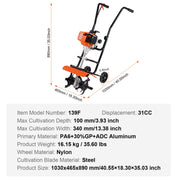 Tiller Cultivator Gas Powered, 31CC 4-Stroke Garden Cultivator, Tiller with 4 Steel Adjustable Front Tines V952-RYGYJ31CCSCC2310JV0