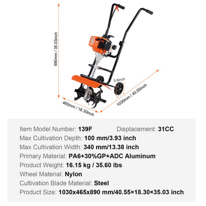 Tiller Cultivator Gas Powered, 31CC 4-Stroke Garden Cultivator, Tiller with 4 Steel Adjustable Front Tines V952-RYGYJ31CCSCC2310JV0