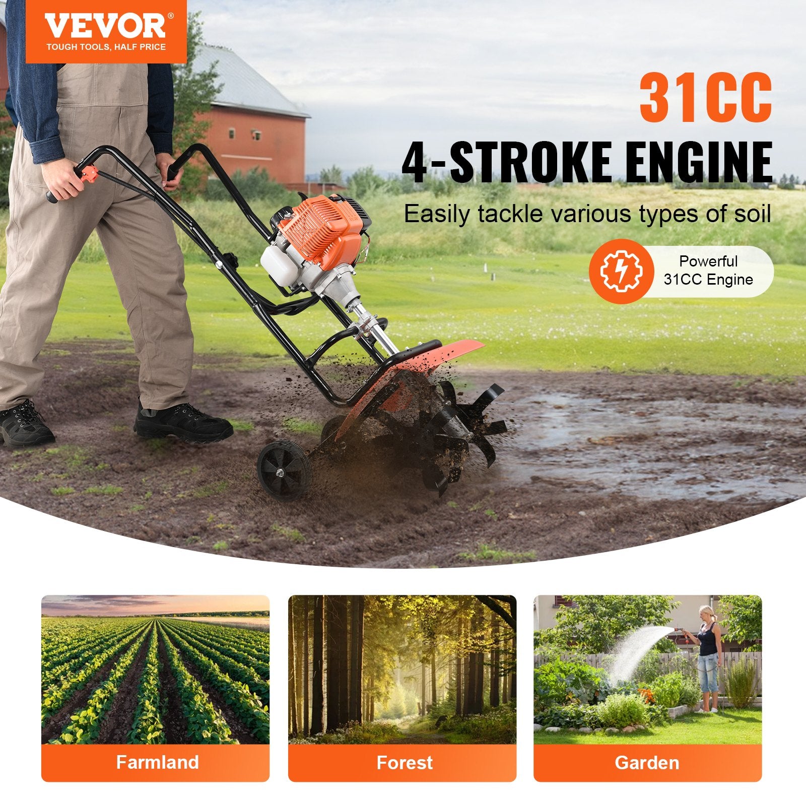 Tiller Cultivator Gas Powered, 38CC 4-Stroke Garden Cultivator, Tiller with 4 Steel Adjustable Front Tines V952-RYGYJ31CCSCCAW43MV0