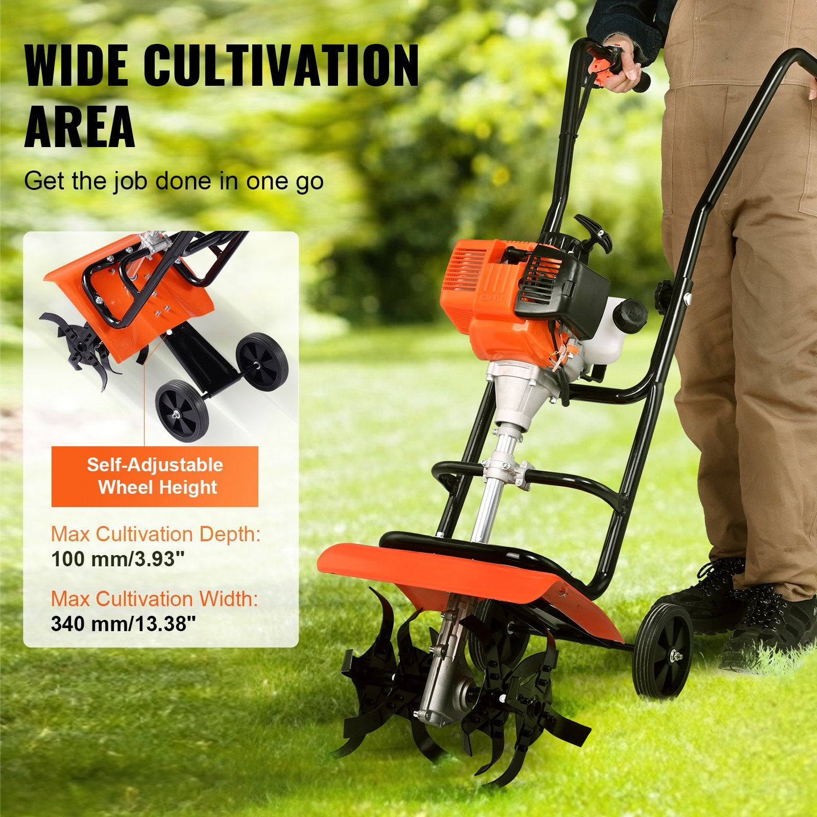 Tiller Cultivator Gas Powered, 38CC 4-Stroke Garden Cultivator, Tiller with 4 Steel Adjustable Front Tines V952-RYGYJ31CCSCCAW43MV0