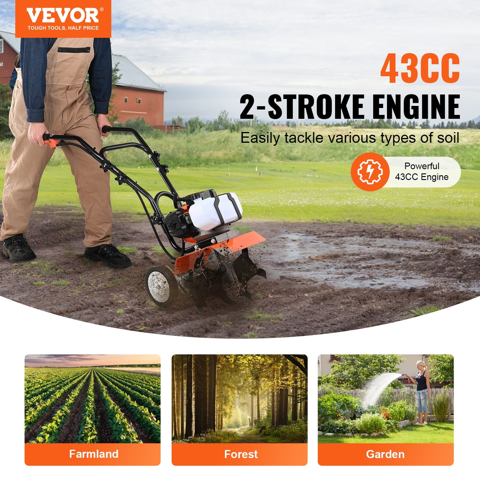 Tiller Cultivator Gas Powered, 43CC 2-Stroke Garden Cultivator, Tiller with 4 Steel Adjustable Front Tines V952-RYGYJ43CCECC62UOPV0