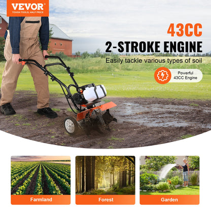 Tiller Cultivator Gas Powered, 43CC 2-Stroke Garden Cultivator, Tiller with 4 Steel Adjustable Front Tines V952-RYGYJ43CCECC62UOPV0