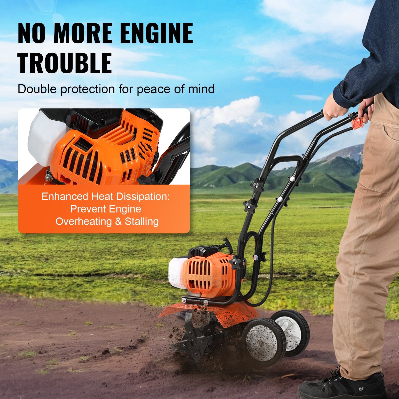 Tiller Cultivator Gas Powered, 43CC 2-Stroke Garden Cultivator, Tiller with 4 Steel Adjustable Front Tines V952-RYGYJ43CCECC62UOPV0