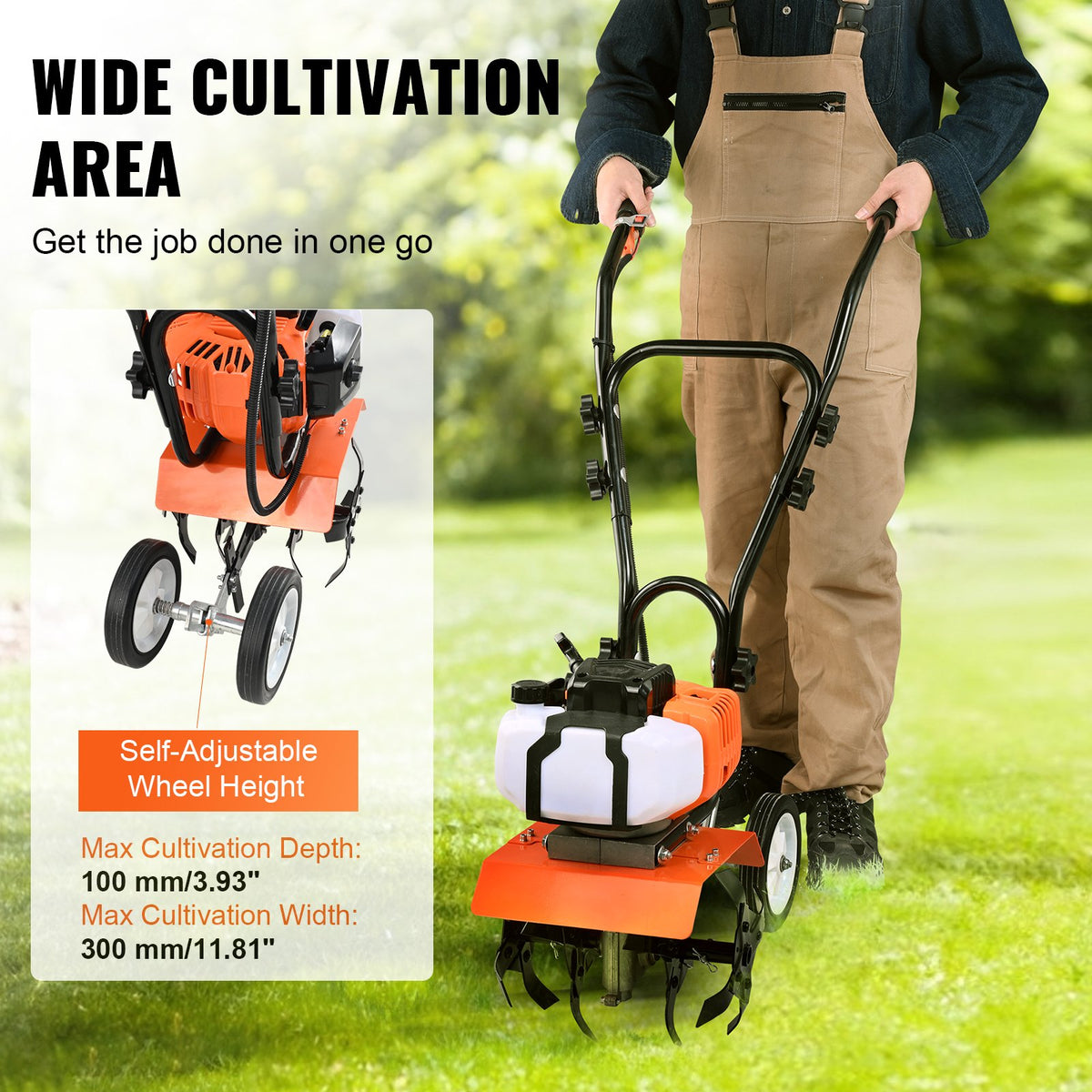 Tiller Cultivator Gas Powered, 43CC 2-Stroke Garden Cultivator, Tiller with 4 Steel Adjustable Front Tines V952-RYGYJ43CCECC62UOPV0