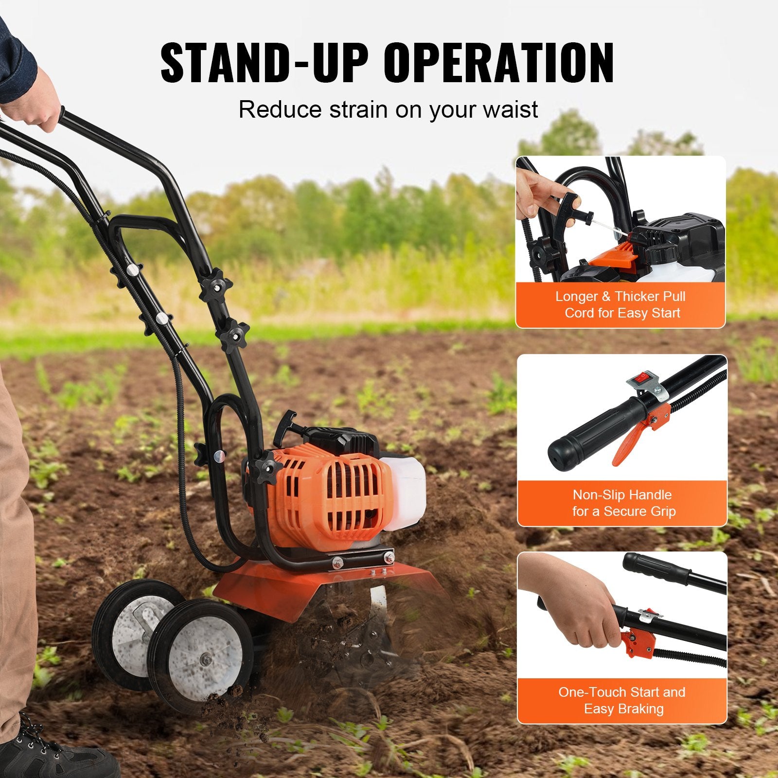 Tiller Cultivator Gas Powered, 43CC 2-Stroke Garden Cultivator, Tiller with 4 Steel Adjustable Front Tines V952-RYGYJ43CCECC62UOPV0